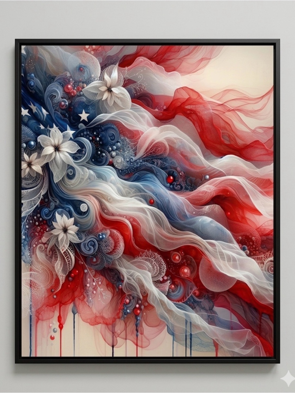 Abstract Floral American Flag Wall Art Print in Red, White & Blue Framed 8x10